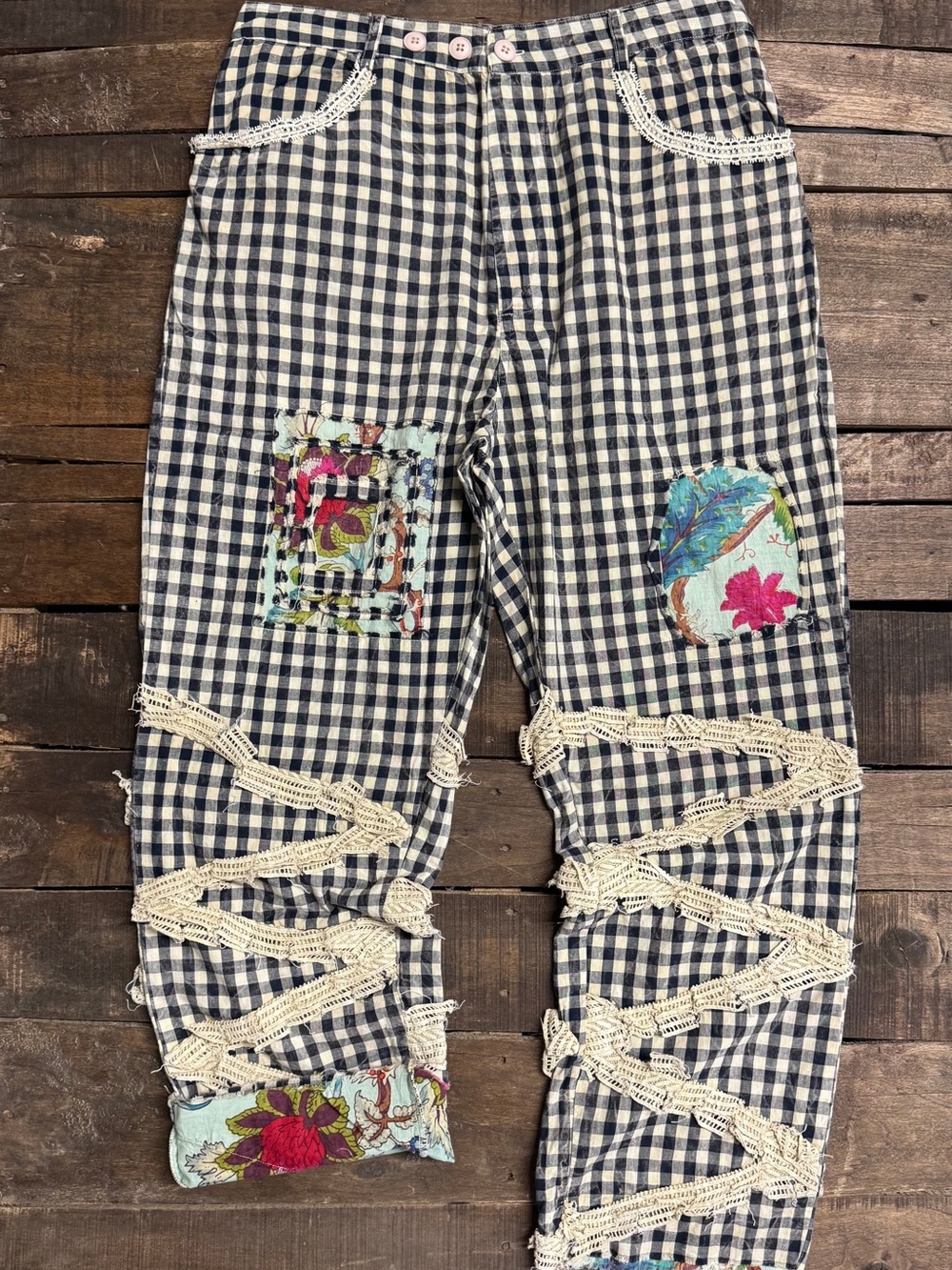 🔥BRAND NEW Traveling On Pants -Black Gingham,Jaded Gypsy, NEWPatchwork Trousers